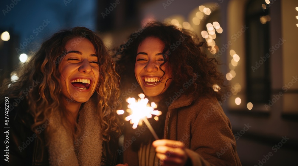 Happy female friends light up the city during Christmas.
