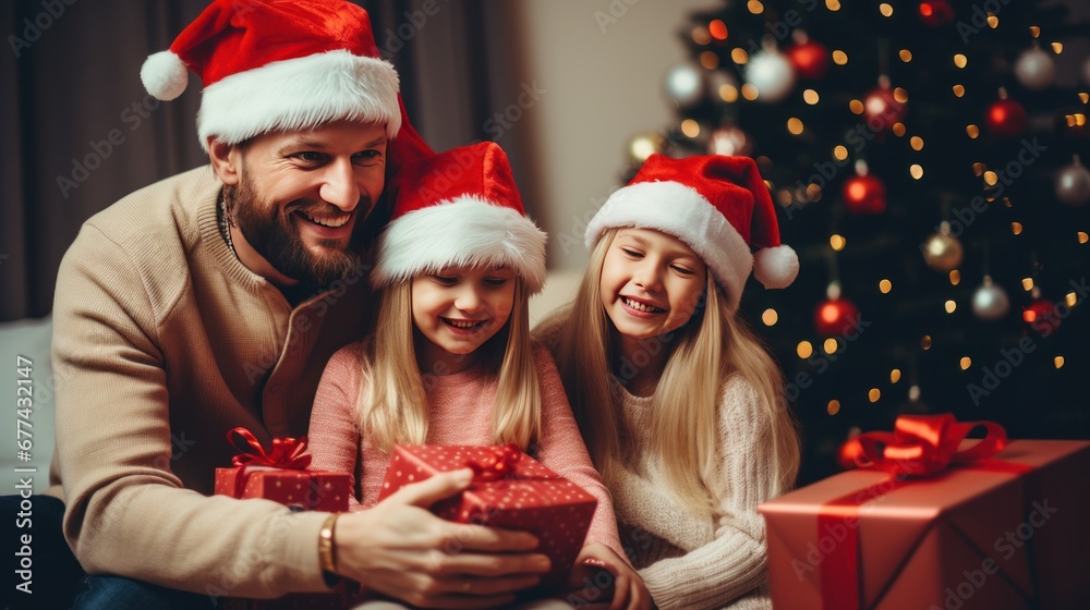Happy family wearing Santa hats smiling with gifts and Christmas tree Happy family wearing Santa hats smiling with gifts and Christmas tree