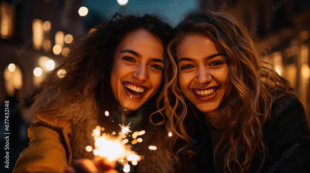 Happy female friends light up the city during Christmas. Happy female friends light up the city during Christmas.