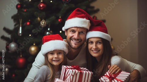 Happy family wearing Santa hats smiling with gifts and Christmas tree