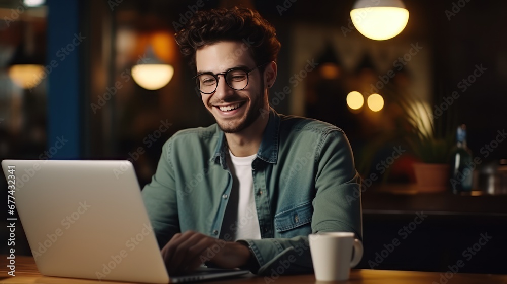 Young men talk using video chat. Laptop meeting with business partners Young men talk using video chat. Laptop meeting with business partners