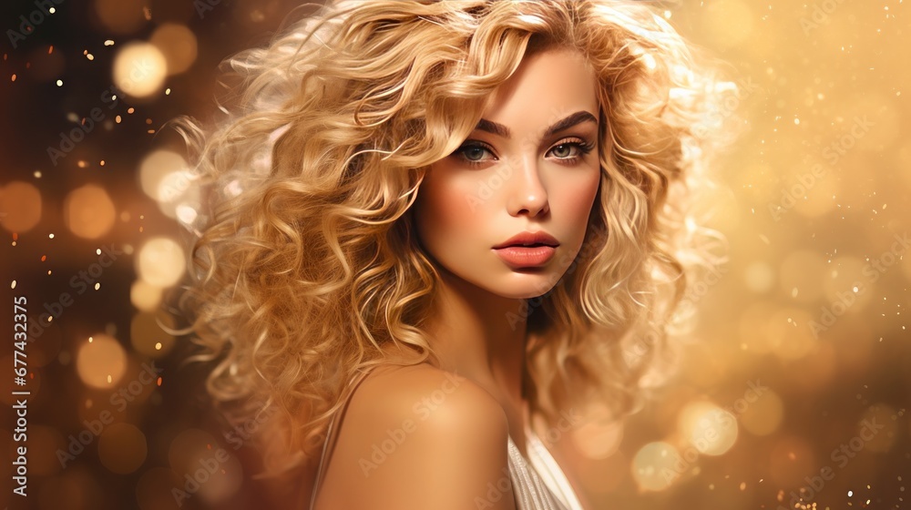 Young woman with elegant blonde curly hair on a golden glitter background Young woman with elegant blonde curly hair on a golden glitter background