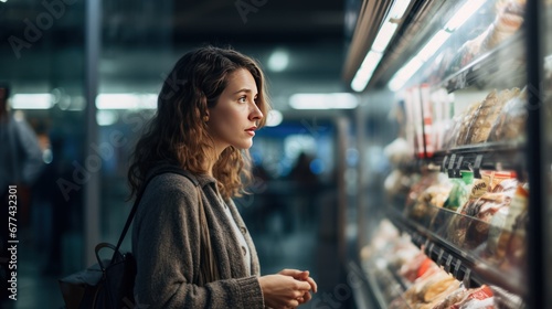 Woman standing and looking at freezer section in supermarket