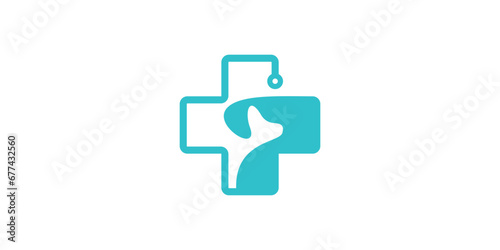 medical pet logo design with dog elements and plus sign.
