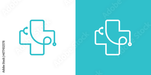 Medical logo design with stethoscope icon and plus sign.