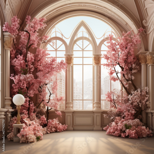 Beautiful arches in the background of a white room with flowers, pristine geometry and ethereal, religious symbolism, soft hues. © Duka Mer
