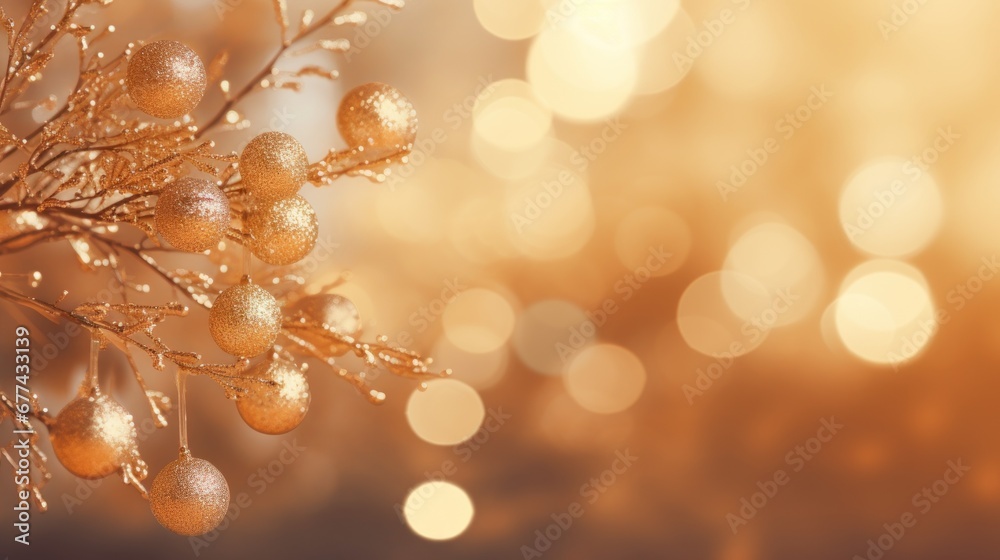 Golden Christmas background of blurry lights decorated trees