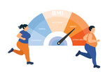 Fat couple control body with BMI body mass index weight control in exerciseing. Obesity, BMI, body mass index control vector illustration