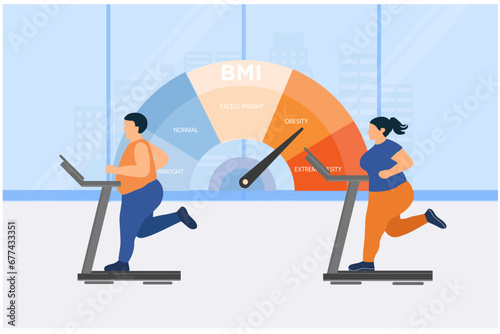 Fat couple control body with BMI body mass index weight control  in exerciseing. Obesity, BMI, body mass index control vector illustration