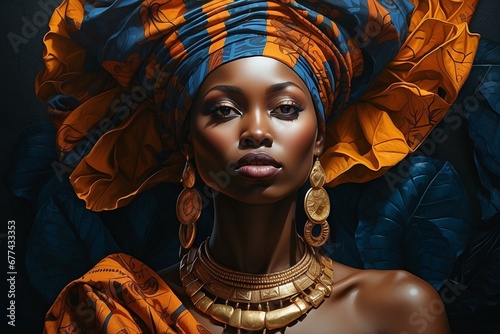 Mujer hermosa africana, tez de color, mujer de cabello chino crespo, mujer con collares y artes grandes