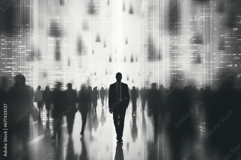 In this black and white abstract background image, a businessman takes center stage as he walks with purpose, while everyone else remains blurred in the background. Photorealistic illustration