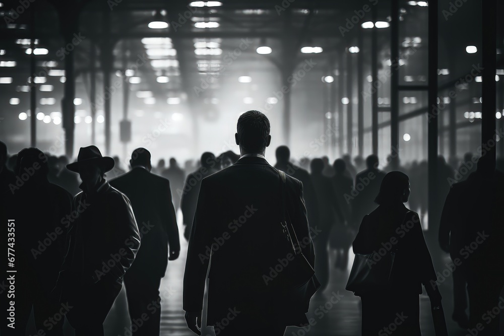 In a black-and-white abstract background, a businessman strides through a blurred crowd, creating a dynamic and atmospheric scene. Photorealistic illustration