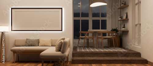 A modern and comfortable living room with a dining area, a cosy sofa, a frame mockup on white wall. photo