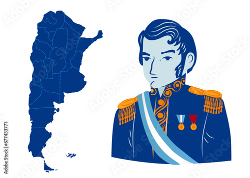 San Martín libertador de la patria y mapa argentino en color azul y blanco