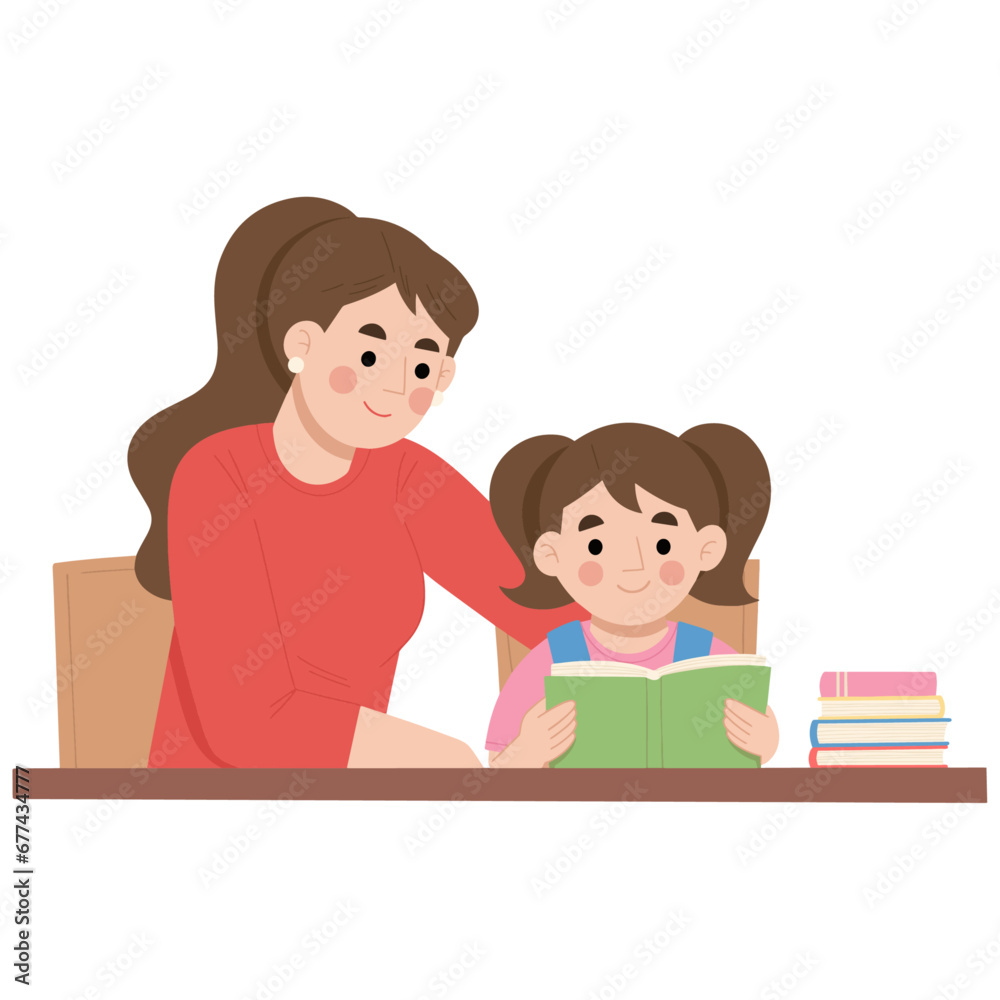 flat design illustration of daughter's day with mother learning and playing flat design illustration of daughter's day with mother learning and playing