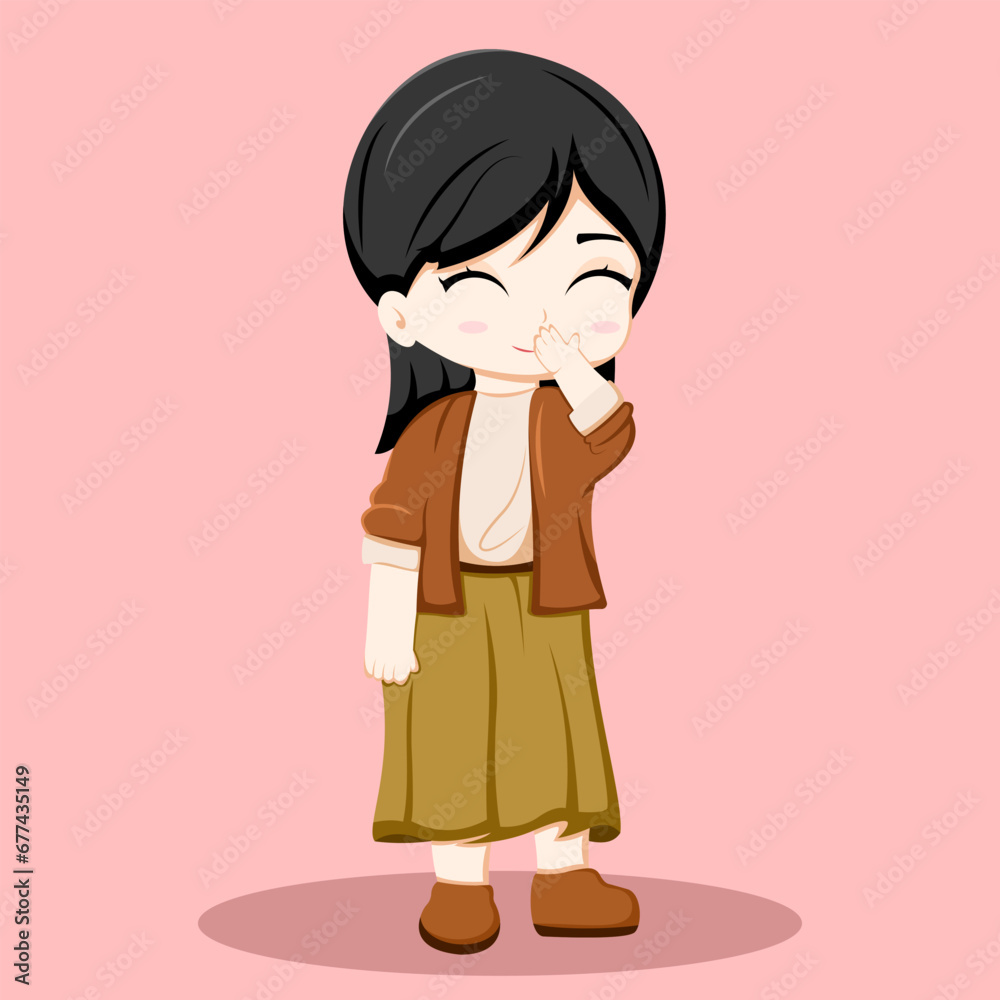 Cute Girl Laughing With Her Mouth Covered Illustration Cute Girl Laughing With Her Mouth Covered Illustration