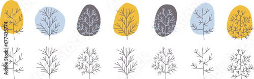 北欧風のツリーイラスト。ナチュラルな森林のイラスト。北欧の木セット。Scandinavian style tree illustration. Natural forest illustration. Scandinavian tree set.