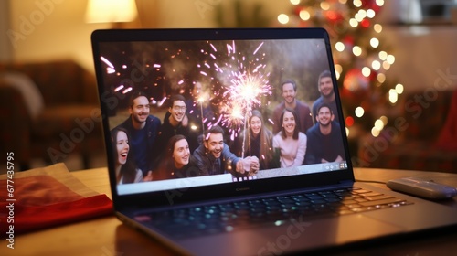 University students meeting at New Year's party, remote video, laptop, webcam, lens