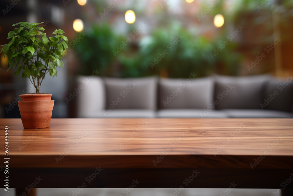 Top of surface wooden table with blurred modern living room background.