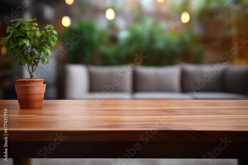 Top of surface wooden table with blurred modern living room background. © Golden House Images