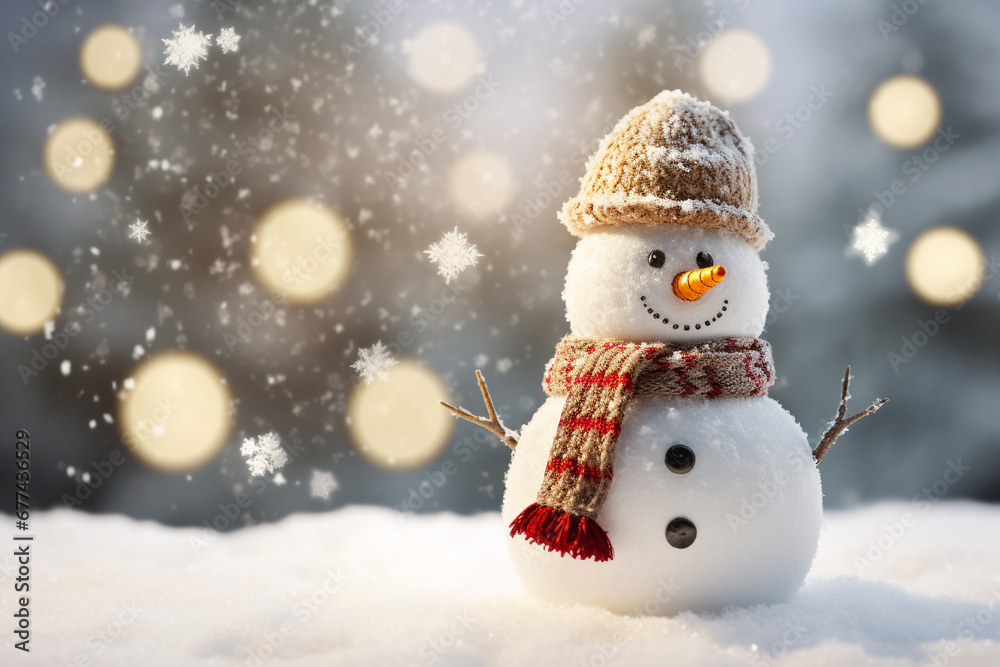 Snowman in winter with blurred background