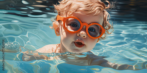 a baby swims in the swimming pool