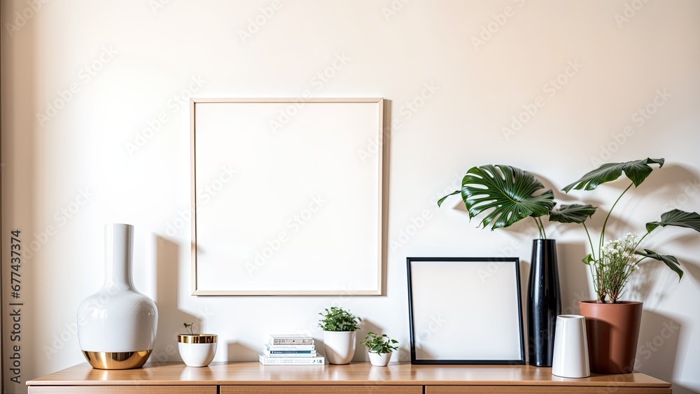 Stylish interior of living room with mock up poster frame, wooden commode, book, leaf in ceramic vase and elegant personal accessories. Minimalist concept of home decor. Template.
Stylish interior of living room with mock up poster frame, wooden commode, book, leaf in ceramic vase and elegant personal accessories. Minimalist concept of home decor. Template.