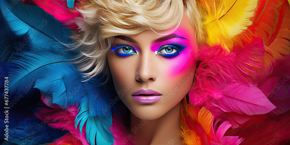 an image of a woman with bright colorful feathers