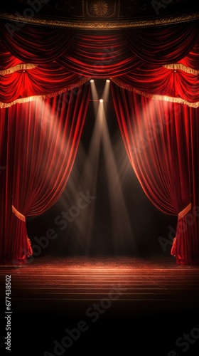 Expansive empty stage, adorned with large red curtains and backdrop, eagerly awaiting performers, setting the scene for an upcoming captivating performance.