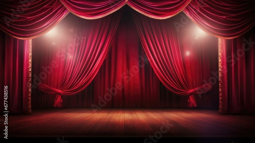 Expansive empty stage, adorned with large red curtains and backdrop, eagerly awaiting performers, setting the scene for an upcoming captivating performance.