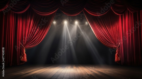 Expansive empty stage, adorned with large red curtains and backdrop, eagerly awaiting performers, setting the scene for an upcoming captivating performance.