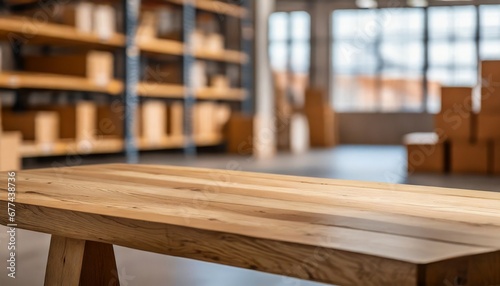 harmonizing with a defocused warehouse setting in the background, Minimalist wooden table with a sleek surface, lean and professional product display., empty room, 