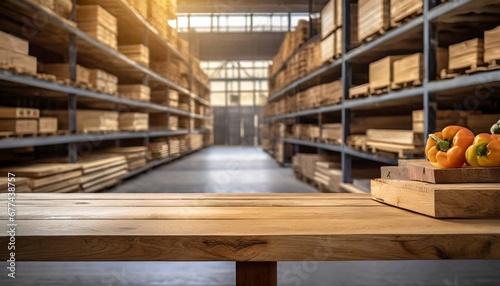 warehouse shelves in warehouse, harmonizing with a defocused warehouse setting in the background, Minimalist wooden table with a sleek surface, lean and professional product display., empty room, 