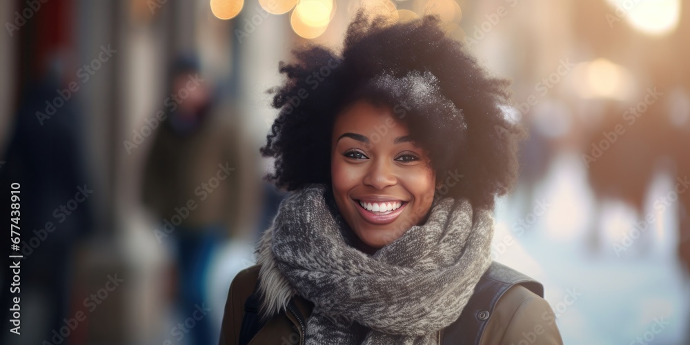 beautiful African American girl in winter coat smiling and laughing, generative AI - obrazy, fototapety, plakaty 