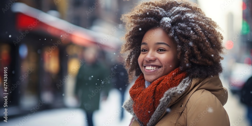 beautiful African American girl in winter coat smiling and laughing, generative AI - obrazy, fototapety, plakaty 