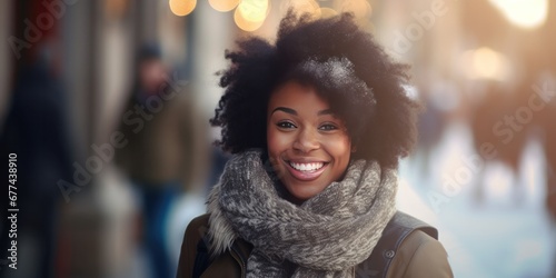 beautiful African American girl in winter coat smiling and laughing, generative AI photo