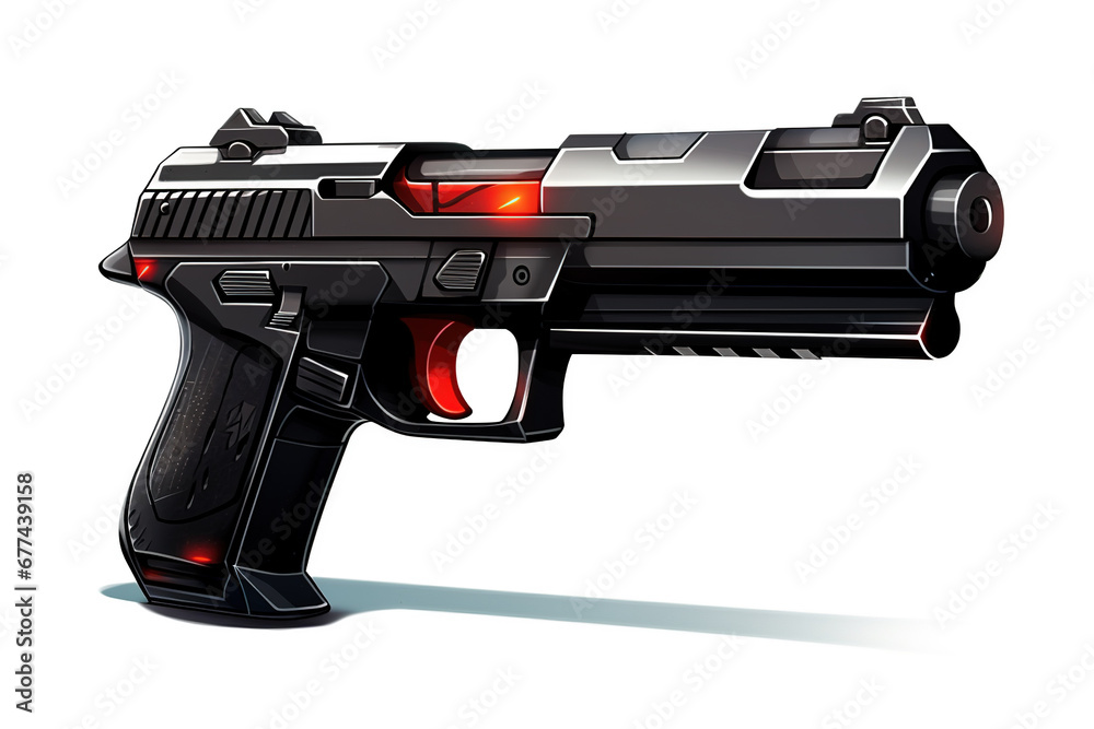 A sleek black pistol with a silver barrel and glowing red sights on a white background, with dramatic lighting casting sharp shadows