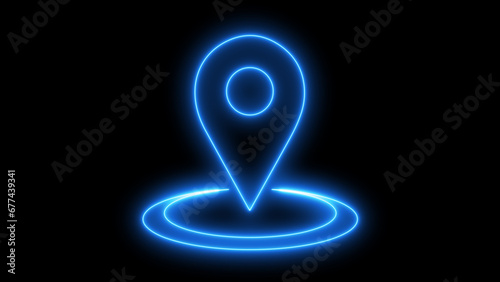 Glowing neon location icon on black background.