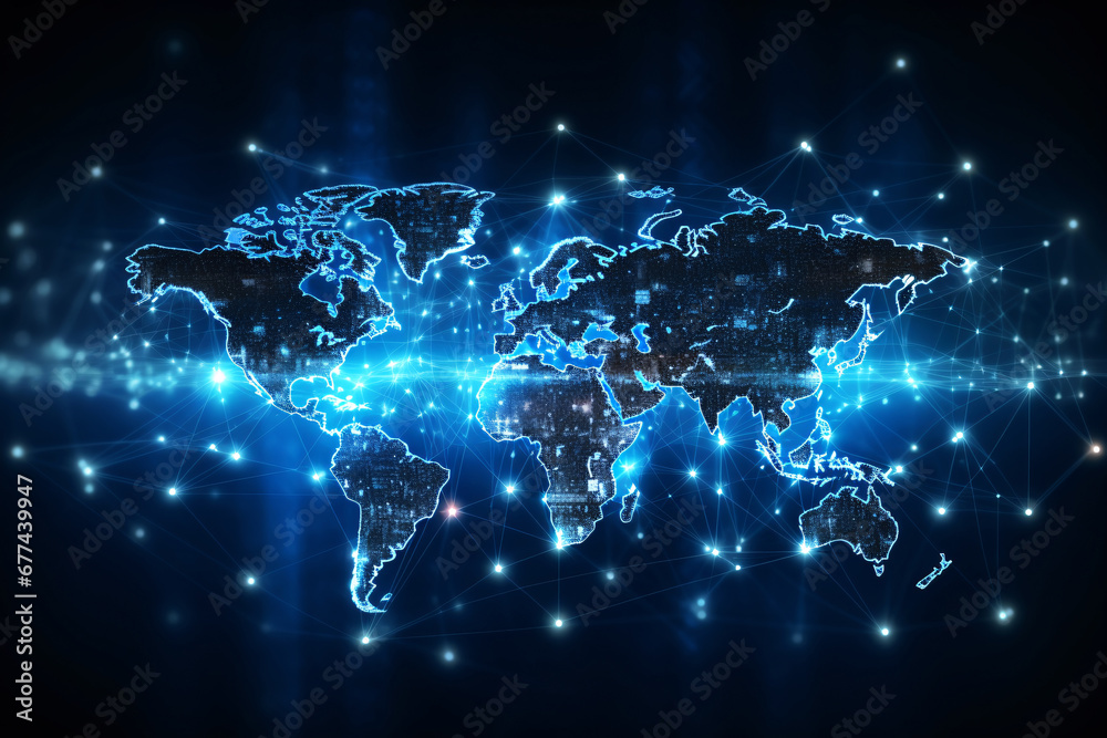 Fototapeta premium World map network with glowing points and lines. 