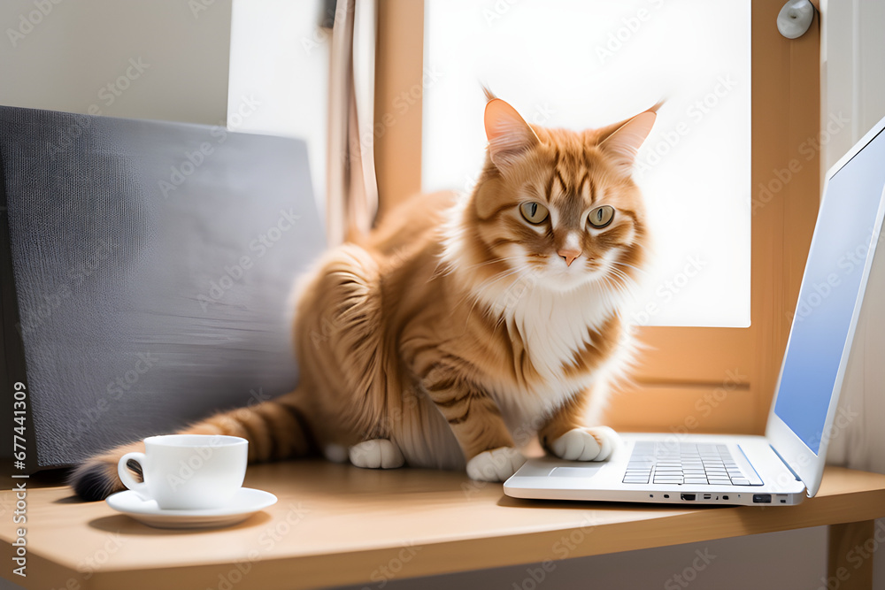 Domestic cats walk a lot and come to the room where they sleep while using their laptops and drink warm water. Generative AI	