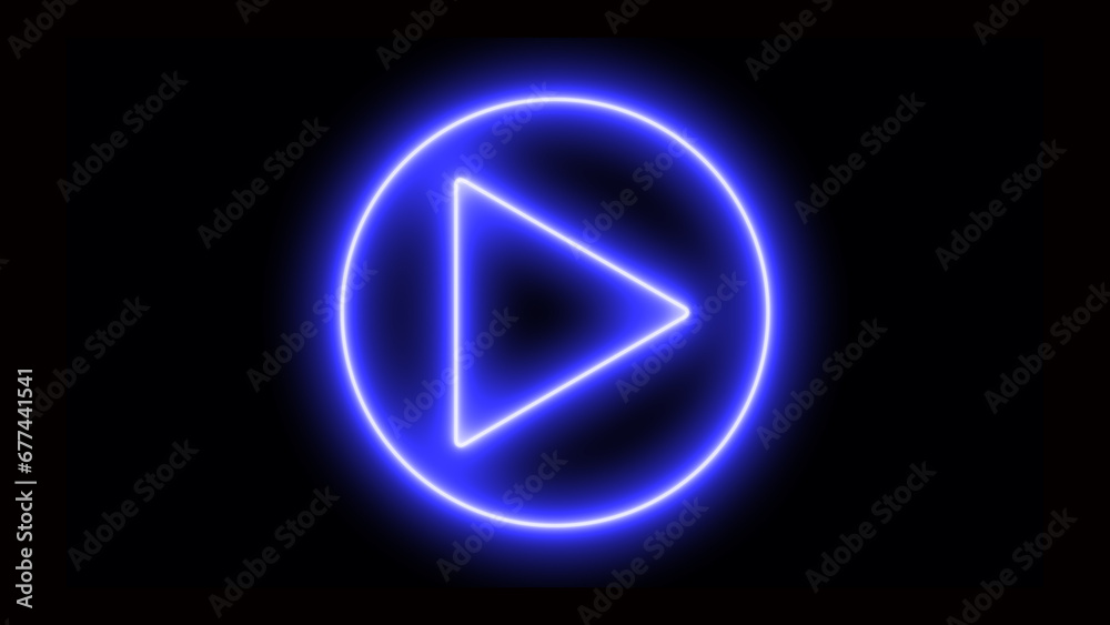 Play button icon. Neon shine play button with neon circle. Neon glowing play button on black background. Play button icon. Neon shine play button with neon circle. Neon glowing play button on black background.