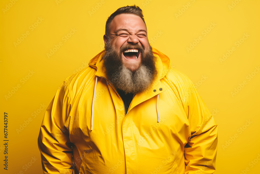 Obraz premium Fat bearded man in yellow clothes smiling on yellow background