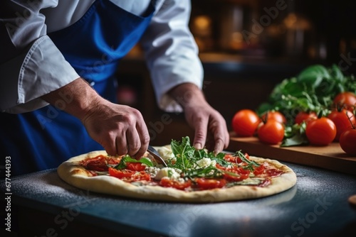Closeup hand of chef baker in uniform blue apron cutting pizza at kitchen. Or makes the final touches to the preparation of pizza. Sprinkles it with parmesan cheese