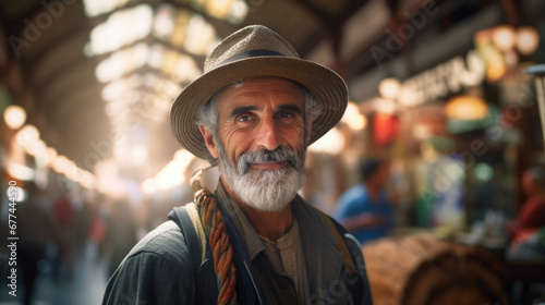 Seasoned traveler wandering through a traditional market, curious and engaged