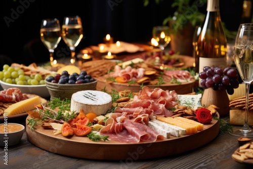 Light snacks in a plate on a buffet table. Assorted mini canapes, delicacies and snacks, restaurant food at event. A gala reception. Decorated delicious table for a party goodies.