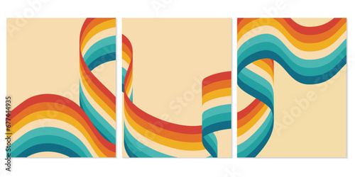 Set of templates for banner, cover, poster, postcard. Abstract retro strips of smooth curved ribbon isolated on beige background. Optical 3D art