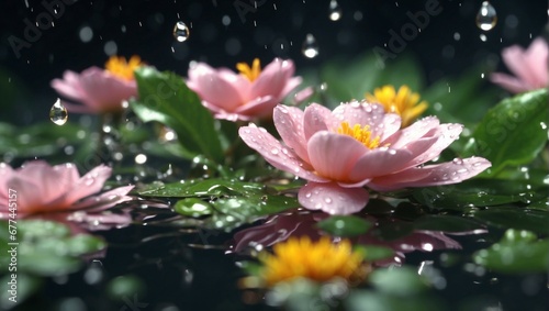 Blooming Flowers Close-up with Water Droplets 