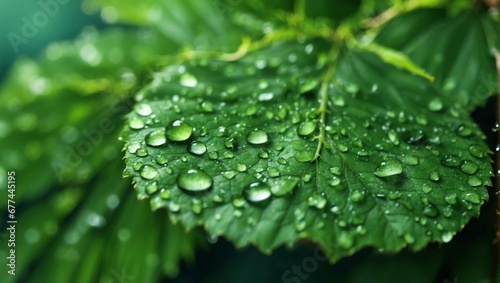Raindrop on Green Leaf in Nature Close-Up 