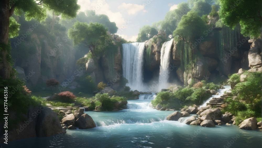 Fototapeta premium Tranquil Forest Stream: Scenic View of Nature's Waterfall 