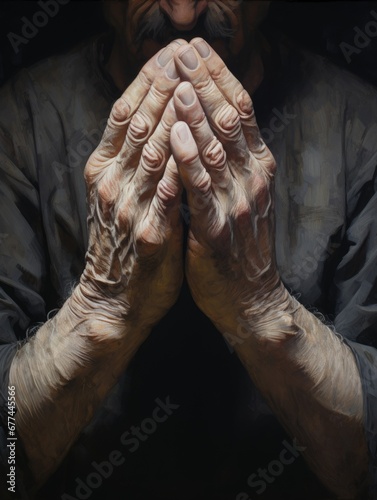Two hands clasped together in a prayerful gesture, portraying reverence and a sense of spiritual contemplation.